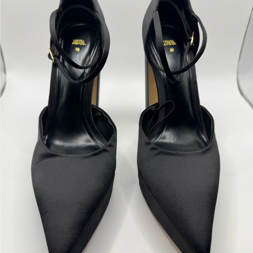 Zara Black Satin Ankle Strap Heels Pumps Pointed Toe 8 (38) - Picture 2 of 9